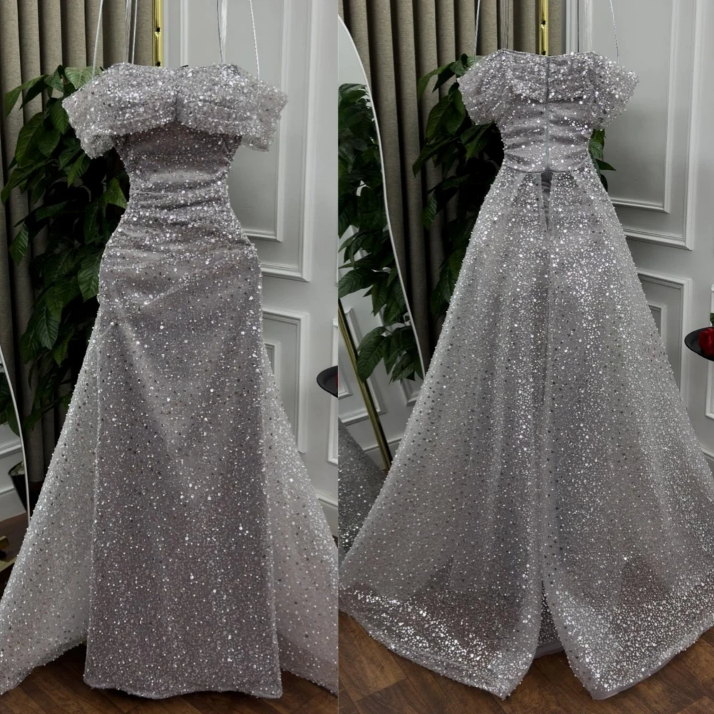 

Customized Sizes Available Sequin Sequined Pleat A-line Off-the-shoulder Long Dresses Bespoke Occasion Sexy