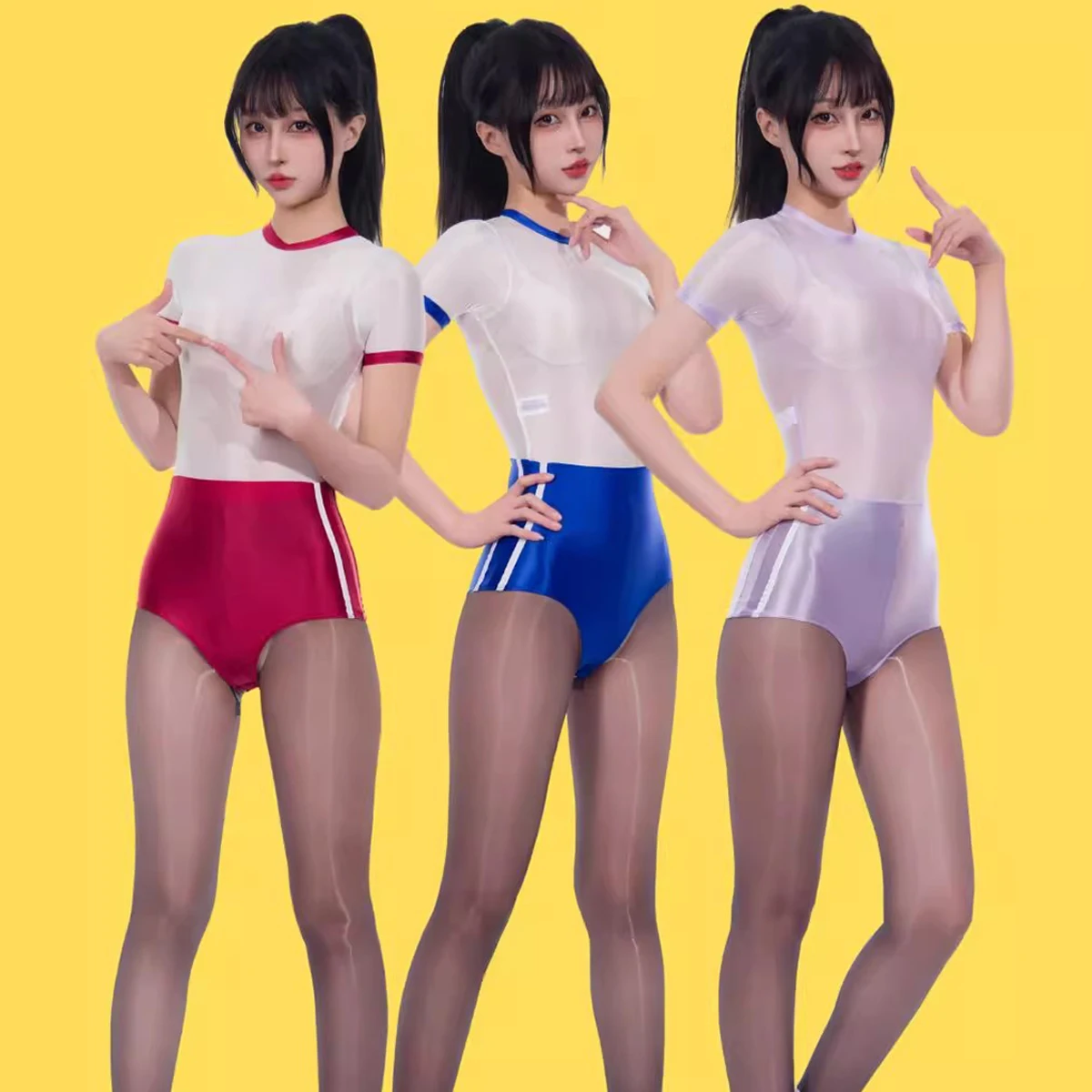 Women Sexy Japanese Glossy Spandex High Cut See Through Shortsleeve Patchwork Swimwear One-piece Bodysuit Leotards Bathing Suit