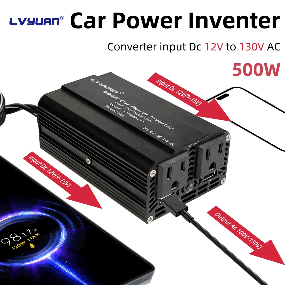 500W inverter DC 12V AC110V car inverter 60Hz portable DC to AC power converter for phone/laptop charging