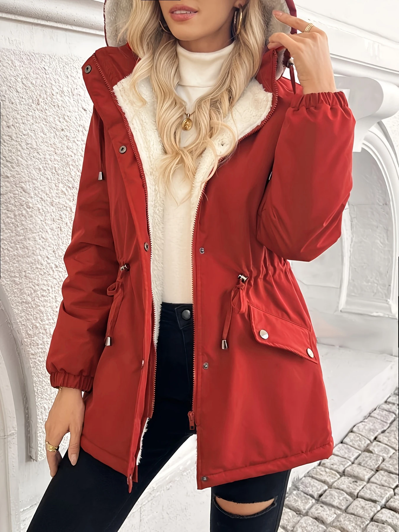 Women's winter hooded jacket with drawstring, solid color, 100% polyester fiber, long sleeves, casual style, non-elastic woven fabric, suitable for cold weather.