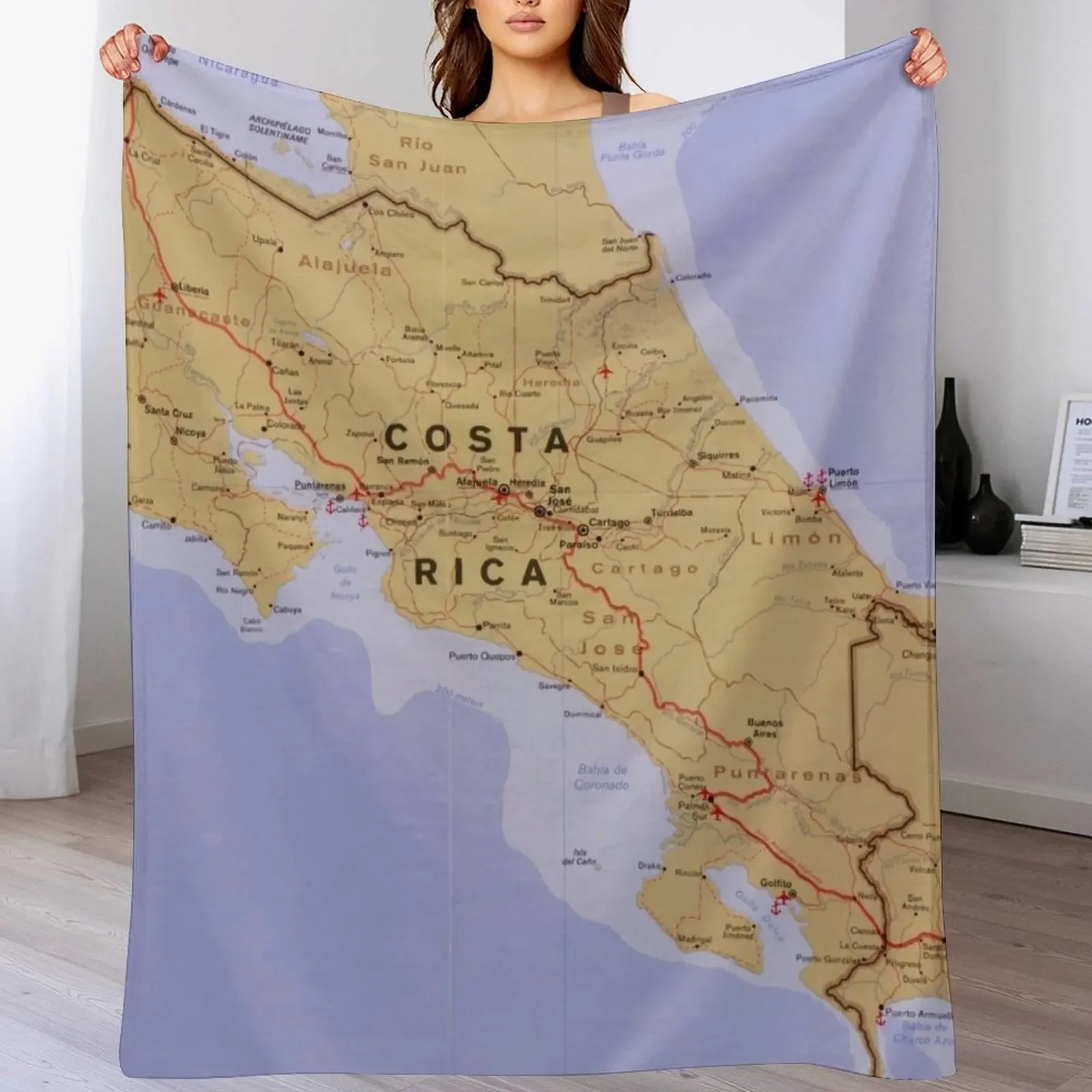 Mapa de Costa Rica (1990), manta Atlas del país de América Latina, ropa de cama de lujo St de verano, mantas térmicas para sofás de viaje