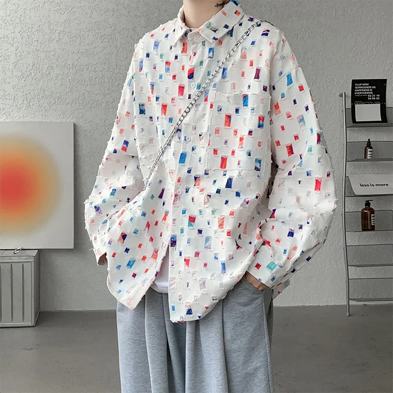 Pop Cotton Hollow Out Shirt Men Oversized Colorful Plaid Shirt Men Streetwear Loose Long Sleeve Shirt Mens Hole Patch Shirts M-3