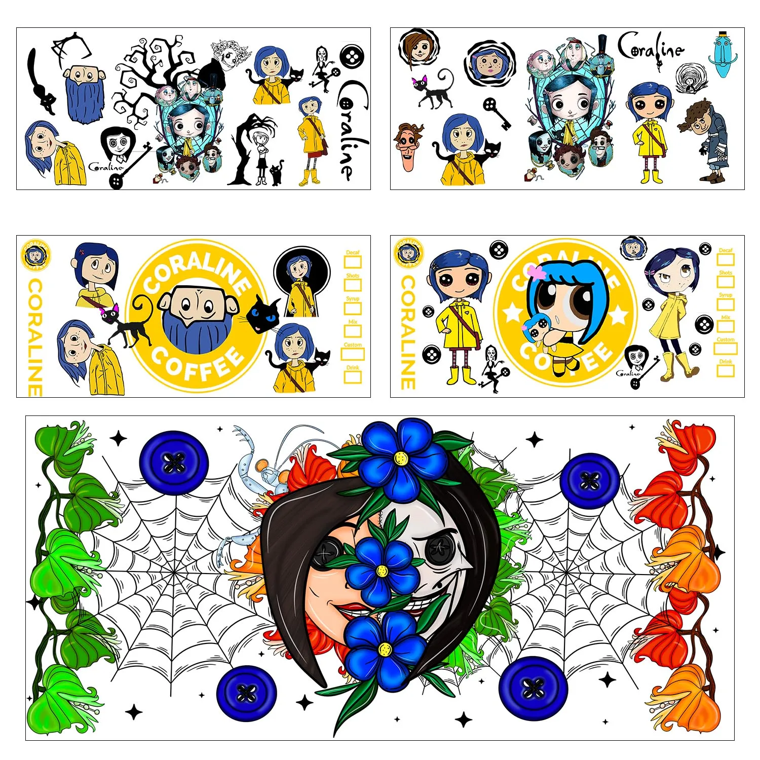 

Coraline series easy peel waterproof DIY Decals 3D transfers uvdtf tumbler sticker 16oz uv dtf cup wraps