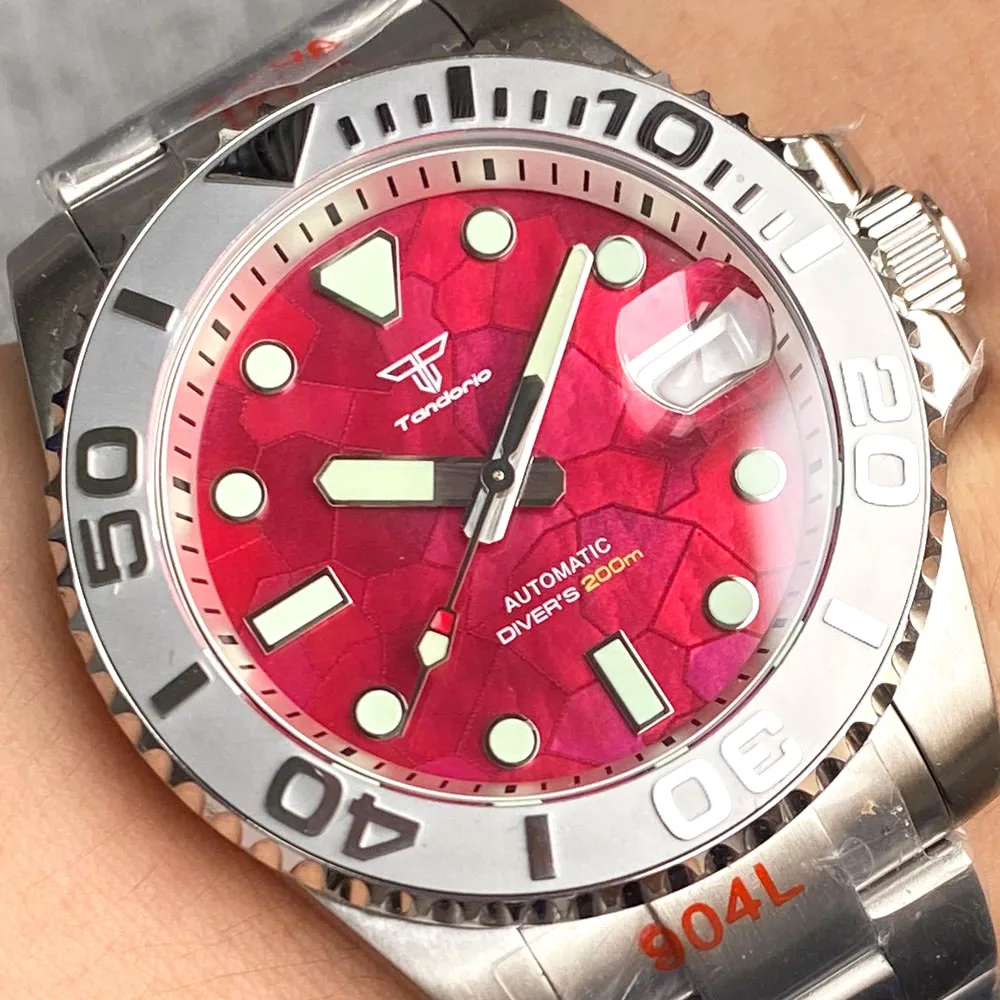 SUB 40mm Diver Tandorio Red MOP Dial NH35 Mechanical Watch Men White Chapter Ring 200m Dive Clock 904L Bracelet Sapphire Lume