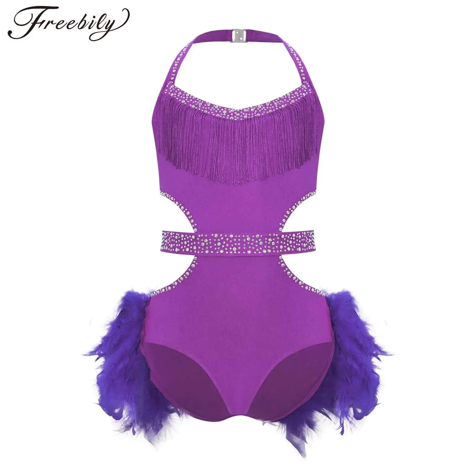 Feather Latin Dance Dress Girl Kids Sleeveless Cutout Skating Ballet Leotard Dresses For Dancing Sparkly Performance Costume
