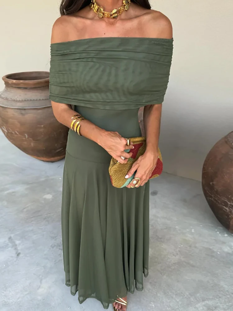 Women Diagonal Collar Summer Solid Long Dress Female Sleeveless Backless Pleated Party Dress 2023 Casual Streetwear Maxi Dresses