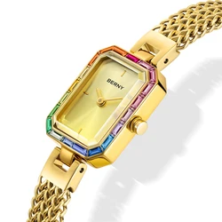 BERNY Women Rectangle Wristwatch Gold Quartz Fashion Jewelry Bracelet Set Minimalist Watch Multicolored Stone Ladies Watches