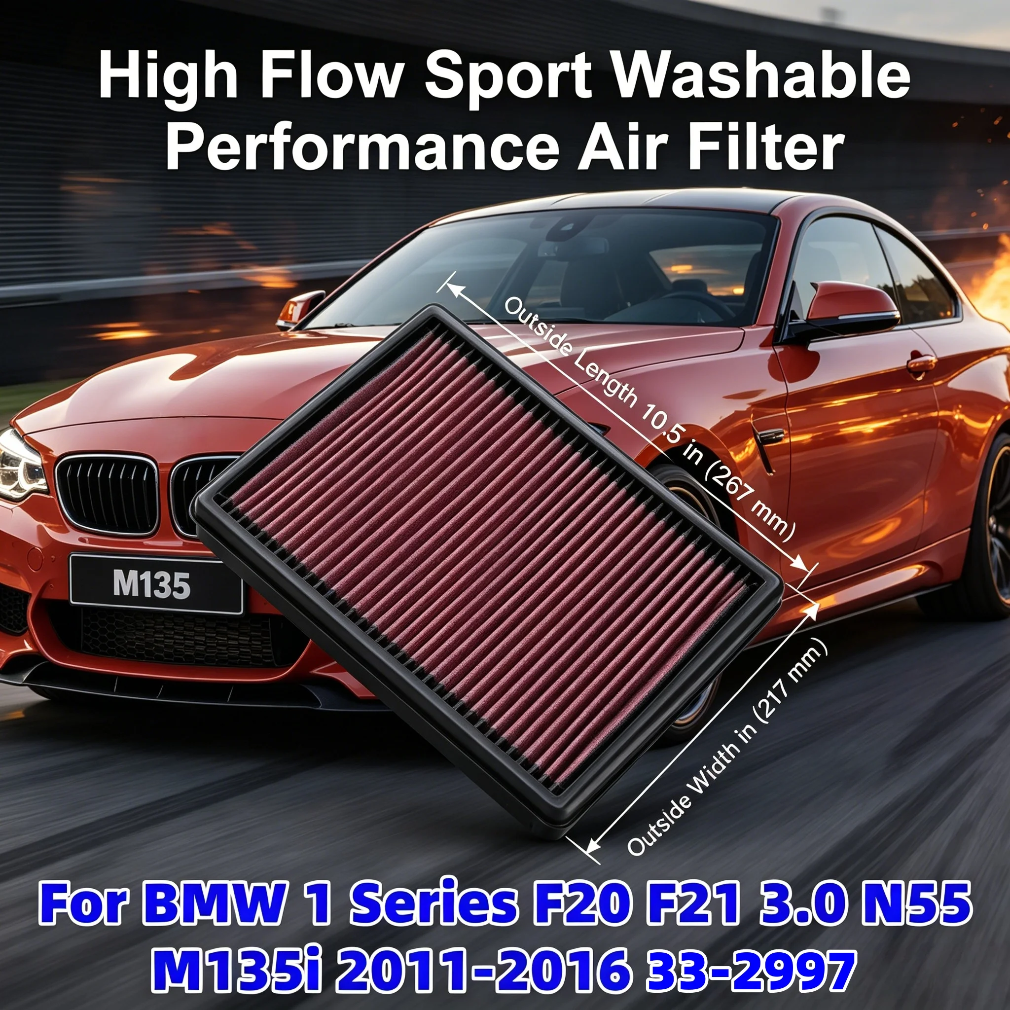 

High Flow Sport Washable Performance Air Filter For BMW 1 Series F20 F21 3.0 N55 M135i 2011-2016 33-2997 13717602643 13717634154