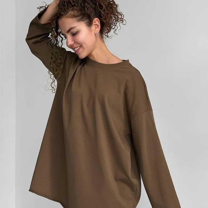 

Spring 2025 Women's Pure Cotton Oversize T-irt Casual Sle Long Sve Hoodie Comfortable Breathable Eco-friendly Material