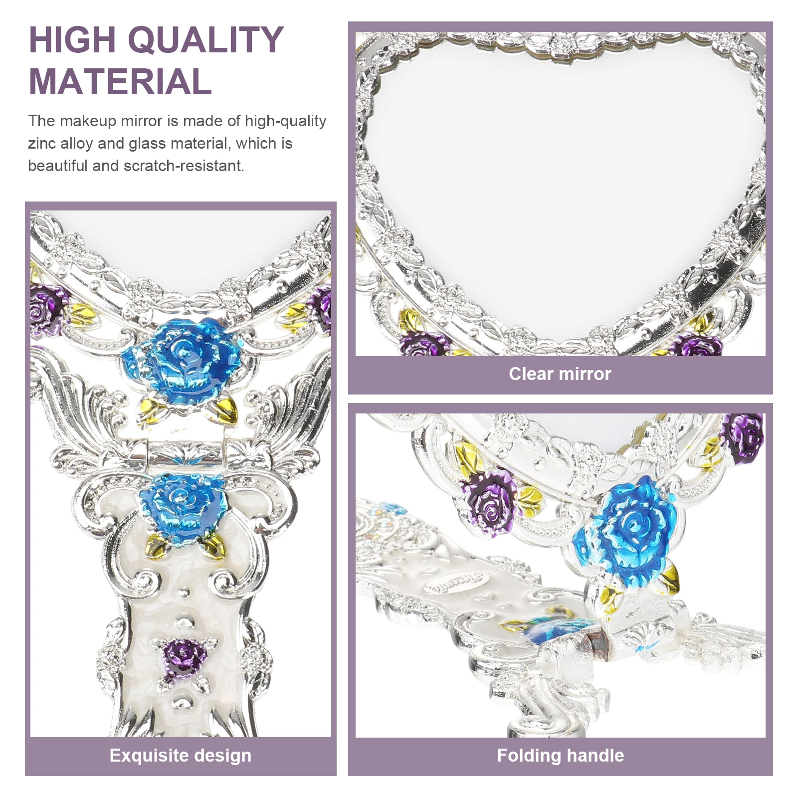 Miroir de maquillage en forme de cœur, 1 pièce, miroir à main de style palais européen pour femmes et filles, Vintage, décoratif exquis