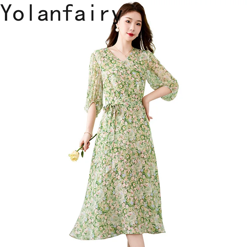 

YOLANFAIRY 16momme 100% Mulberry Silk Dress Summer 2025 Korean Style Floral Dress Beach Outfits Woman Lace-up Elegant Dresses