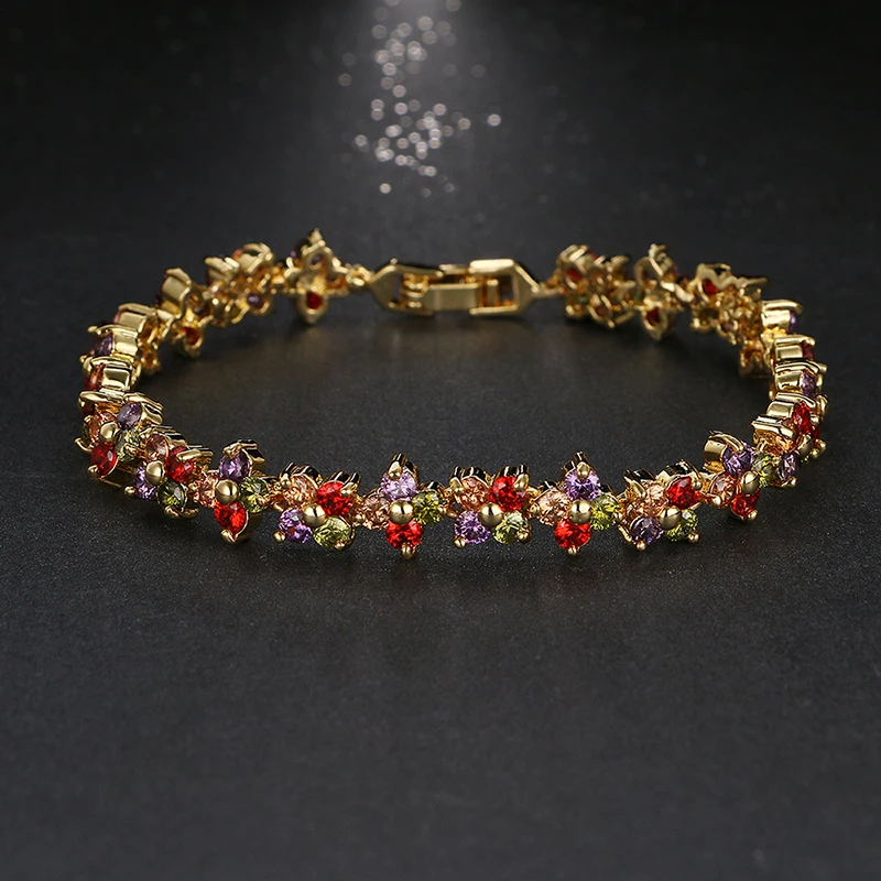 SUGU Fashion Charming Shiny 4-petal Flower Multicolor Zirconia Bracelets for Young Ladies Dinner Party Jewelry Accessories