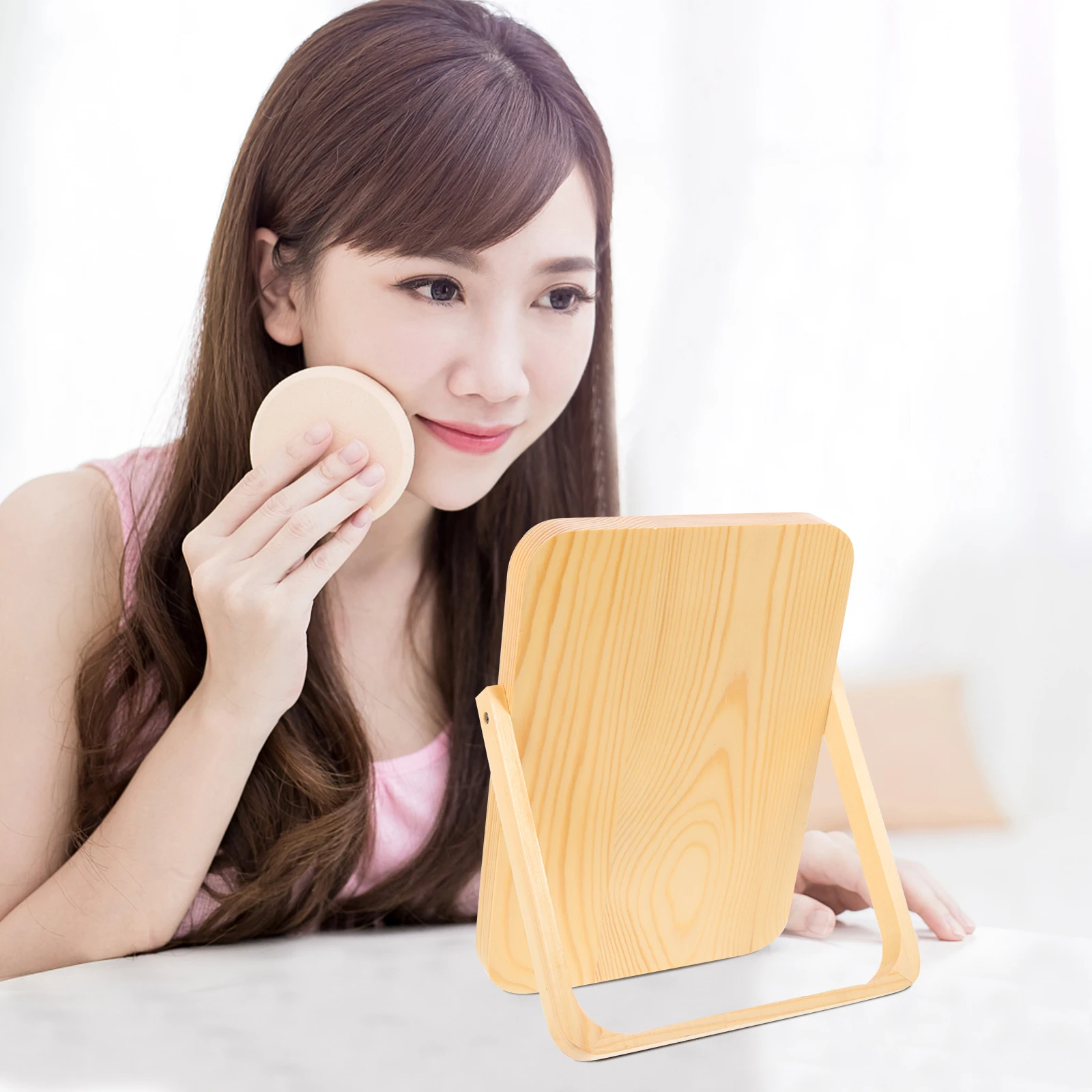 

Silver Single Sided Wooden Vanity Mirror for Bedroom Desk Portable Small Travel Rotation Makeup Mirror Girls Decor