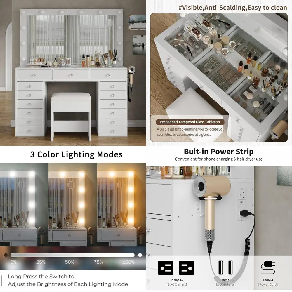 Escritorio de tocador de maquillaje LED con brillo ajustable con 15 cajones, espejo HD y estación de carga
