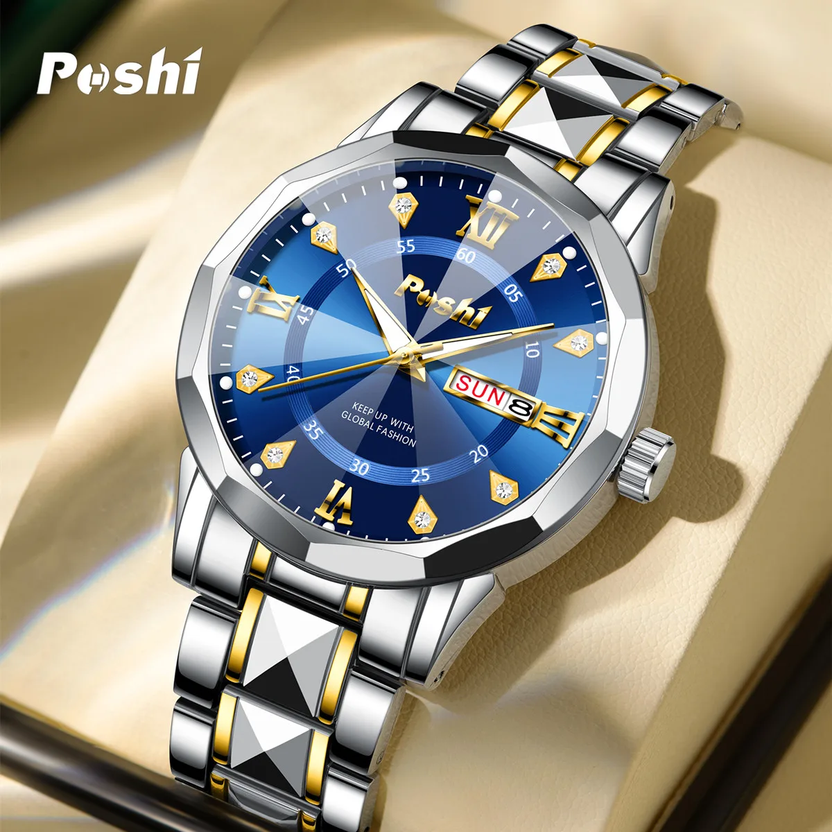 POSHI Men\'s Watch Date Week Fashion Watch Men Original Waterproof Non-mechanical Luminous Dual Calendar Quartz Wristwatch