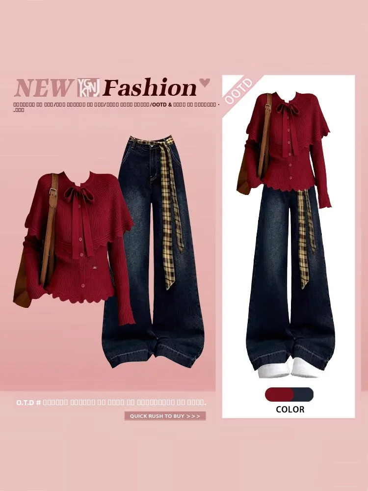 

Весенний комплект 2026: вязаный свитер с красным бантом и джинсы с широкими штанинами для женщин больших размеров, модный комплект с эффектом похудения, брюки с высокой талией, длинные брюки, длинный рукав.