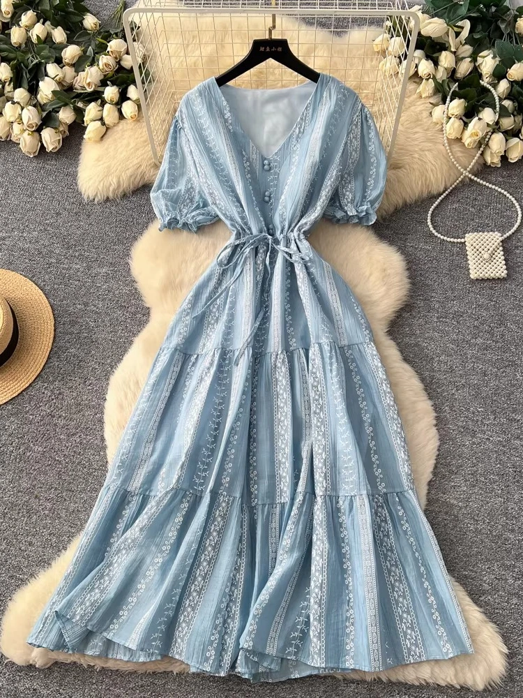 

2026 New Summer Women V-neck Short Sleeve Dress Ruffles Patchwork High Waist Bandage Printing Floral A-ling Long Dress