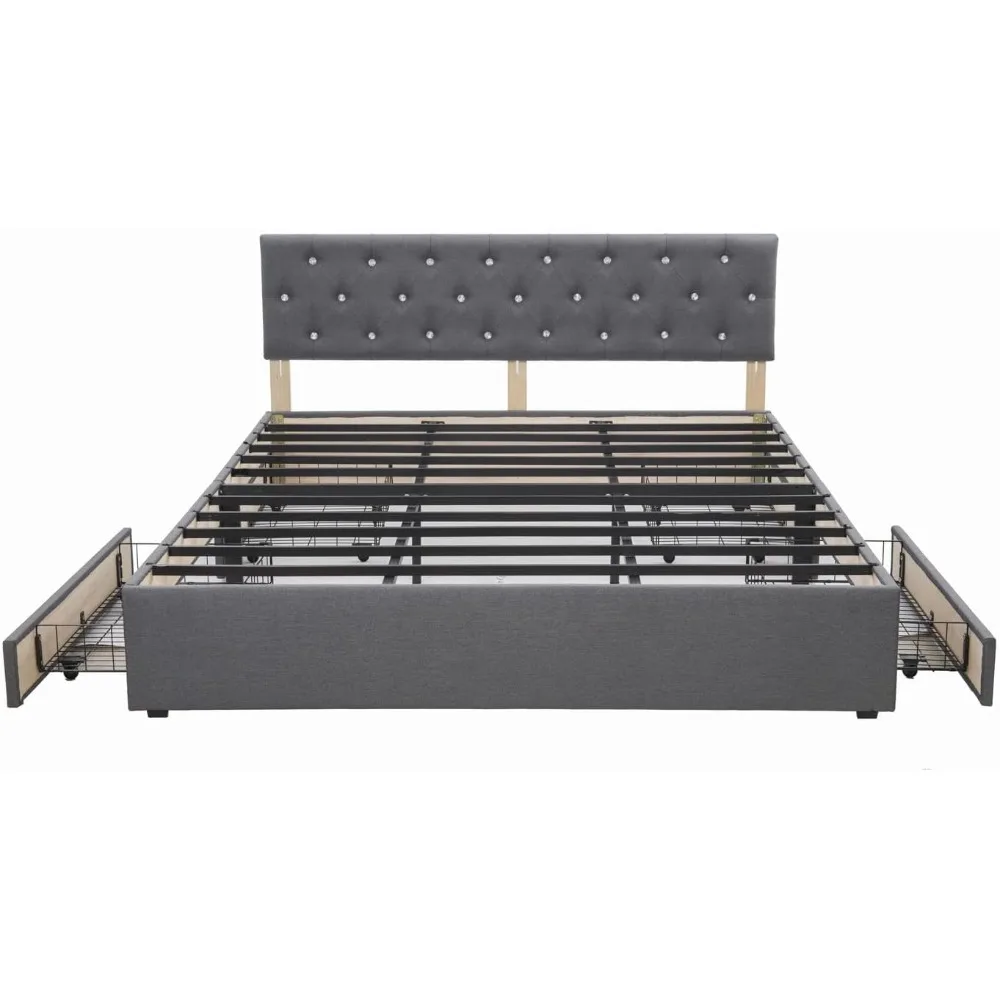 

Linen Fabric Grey Bed Frame with Crystal Headboard, 4 Storage Drawers, Metal Slats Support, No Box Spring Needed Queen