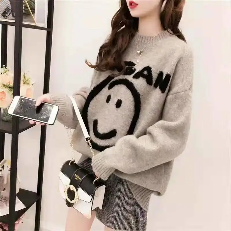 

Korean All-match Cartoon Long Sleeve Sweaters Casual Autumn Winter Women's Clothing Loose Fashion Round Neck Knitted Pullovers