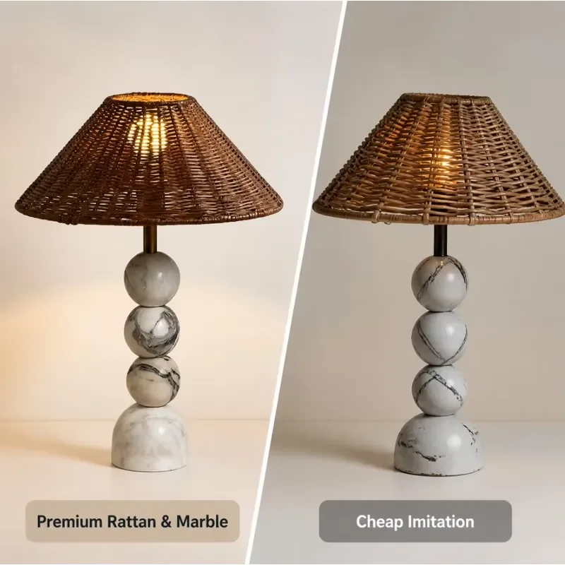 Rattan Table Lamp with Natural Marble Base E27 Socket Hand Woven Wrought Iron Bedside Light for Living Room Bedroom Decor