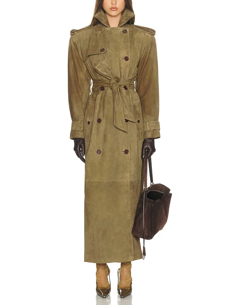 2025 New Style Old Money Style Loose-Fitting Multi-Purpose Collar-Buttoned Waist-Adjustable Anti-Moose Hide Long Coat for Women