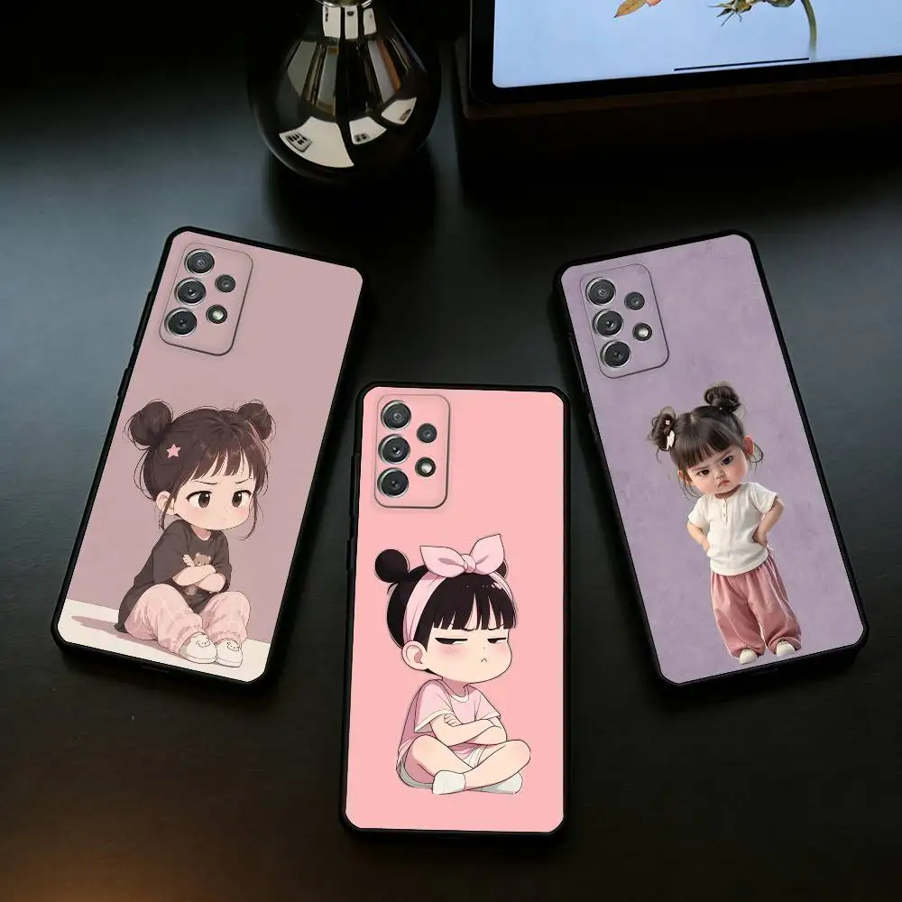 Pouty Cute Angry Little Girl  Phone Case For Samsung Galaxy A73,A72,A71,A70,A53,A52,A51,Soft Silicone Black Cover