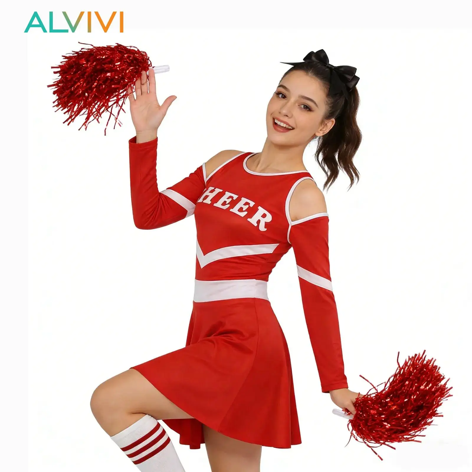 Womens High School Cheerleader Costume Cheerleading Uniform Letter Print cheer Dress with Stockings Bow Headband And Pom-poms