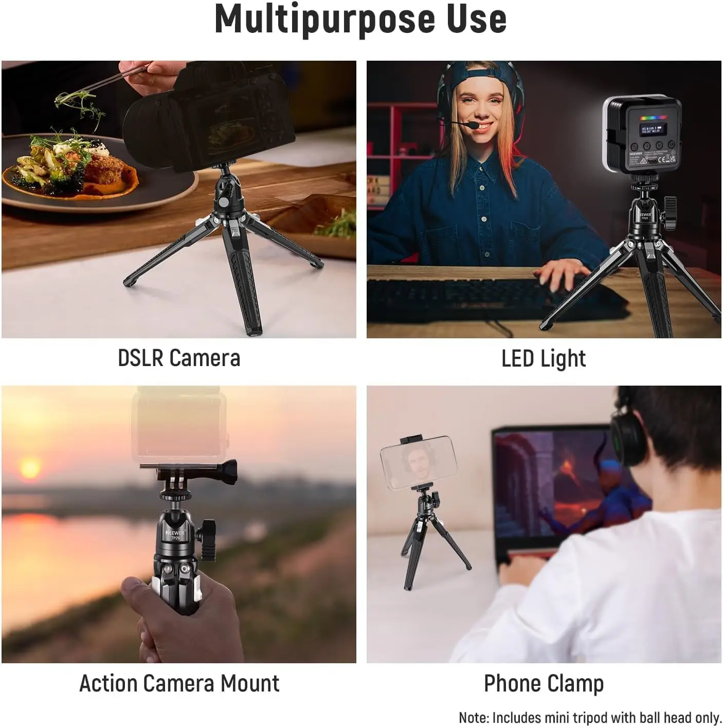 NEEWER Mini Metal Table Tripod with 360 Ball Head, Supports Vertical Recording and Handle, Portable Travel Tripod with 1/4