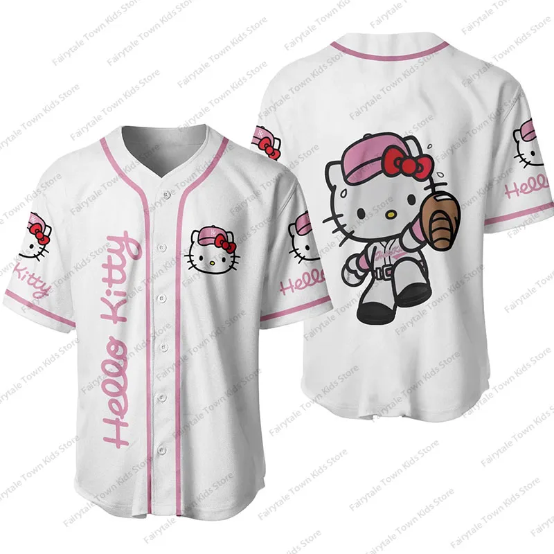 MINISO New Kawaii Hello Kitty Sports Baseball Jersey Short Sleeves Anime Girl Boy Adults Children Loose Baseball Uniform Tops