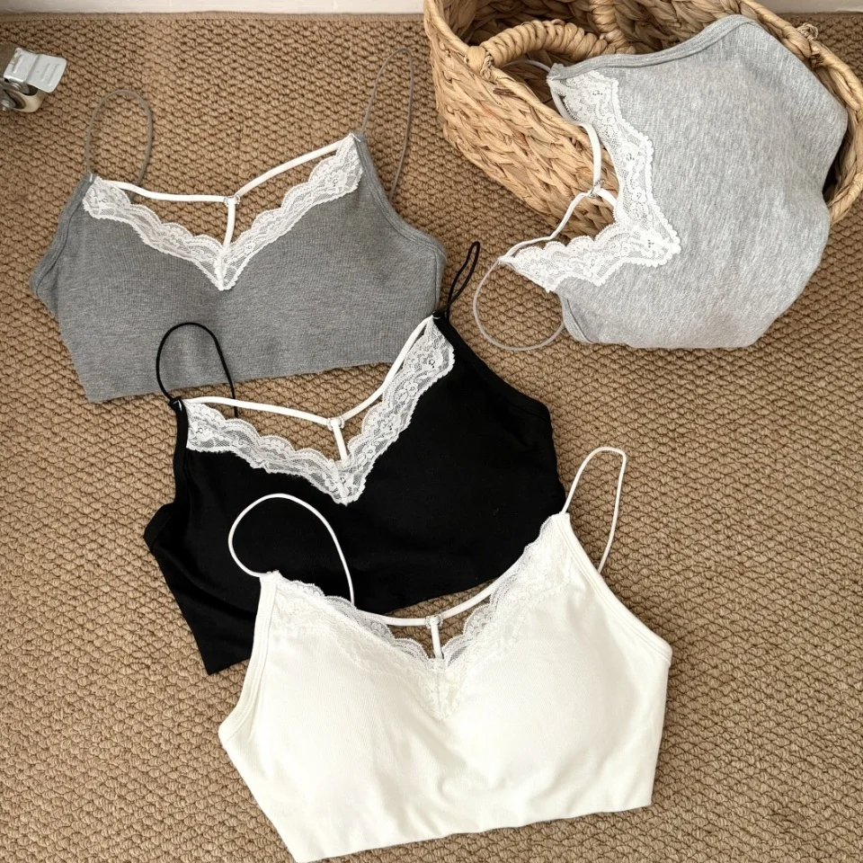 Summer New Sexy Lace Trim Splice Strap Women's Slimming Top Fixed Band Chest Pad Vest Fashionable Backless V-neck Short Sleeve