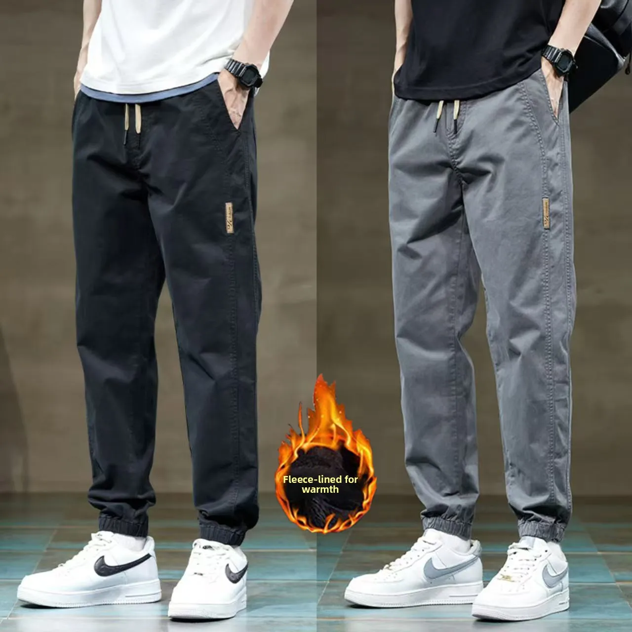 

Men's Fleece Lined Thickened Casual Pants Autumn Winter Sport Style Loose Fit Trousers with Drawstring Regular Fit Workwear