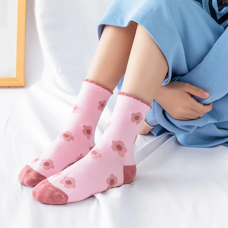 5 Pairs Pink Flower Knit Warm Childrens Socks For Girls Socks Kids Womens Cute Cartoon Medium Stockings