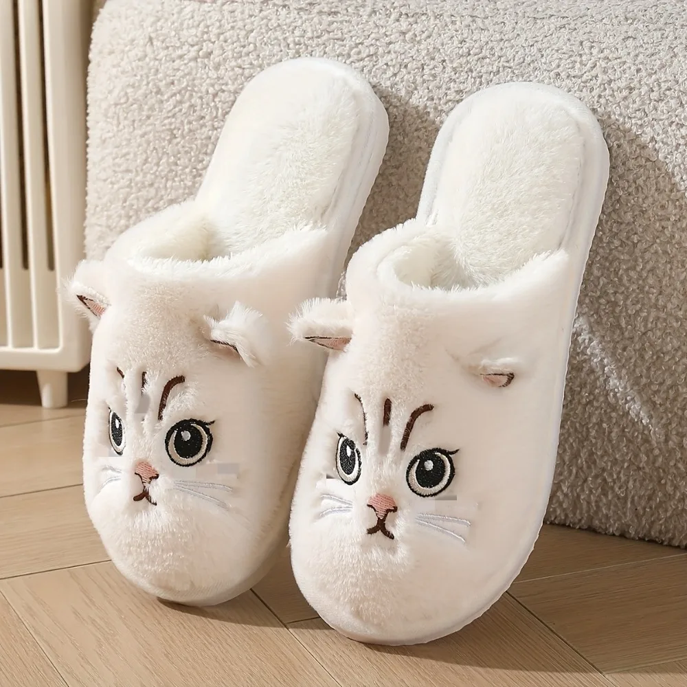 

Cat Pattern Print Winter Home Warm Slippers Soft Fabric Non-Slip Couples Slippers Fluffy Texture Comfortable Slippers