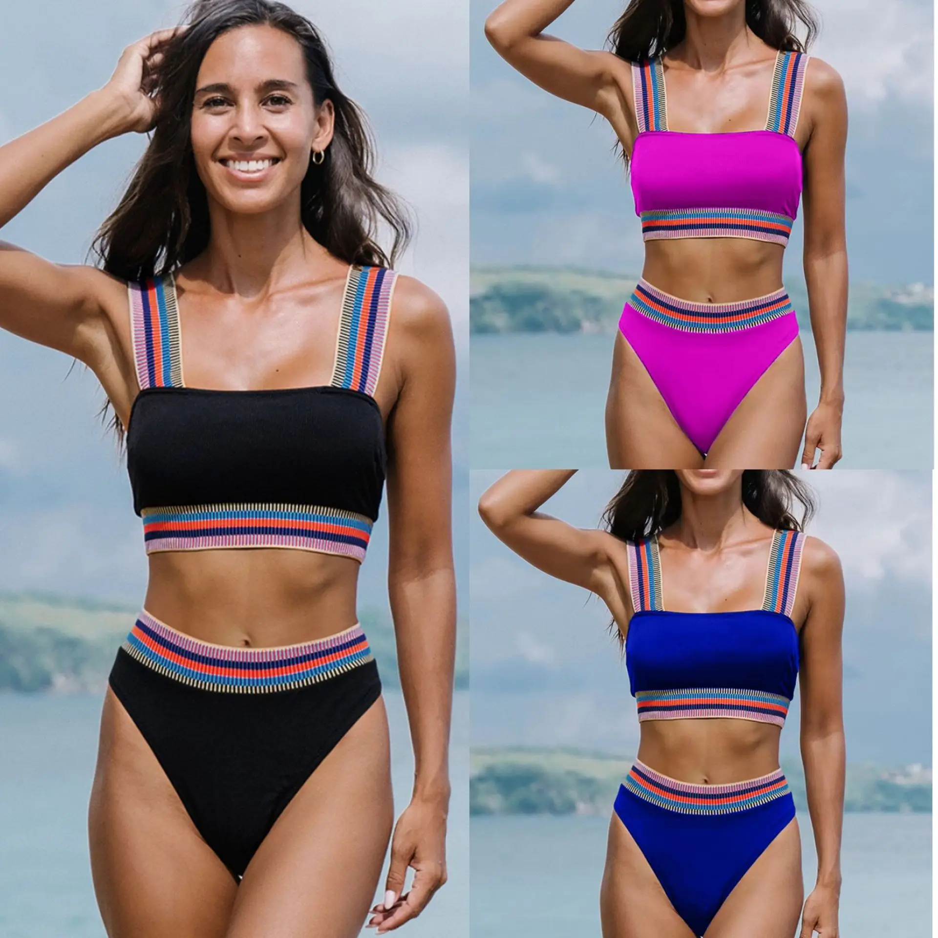 

2025 new women's swimsuit split solid color bikini two-piece high-waisted color elastic board swimsuit