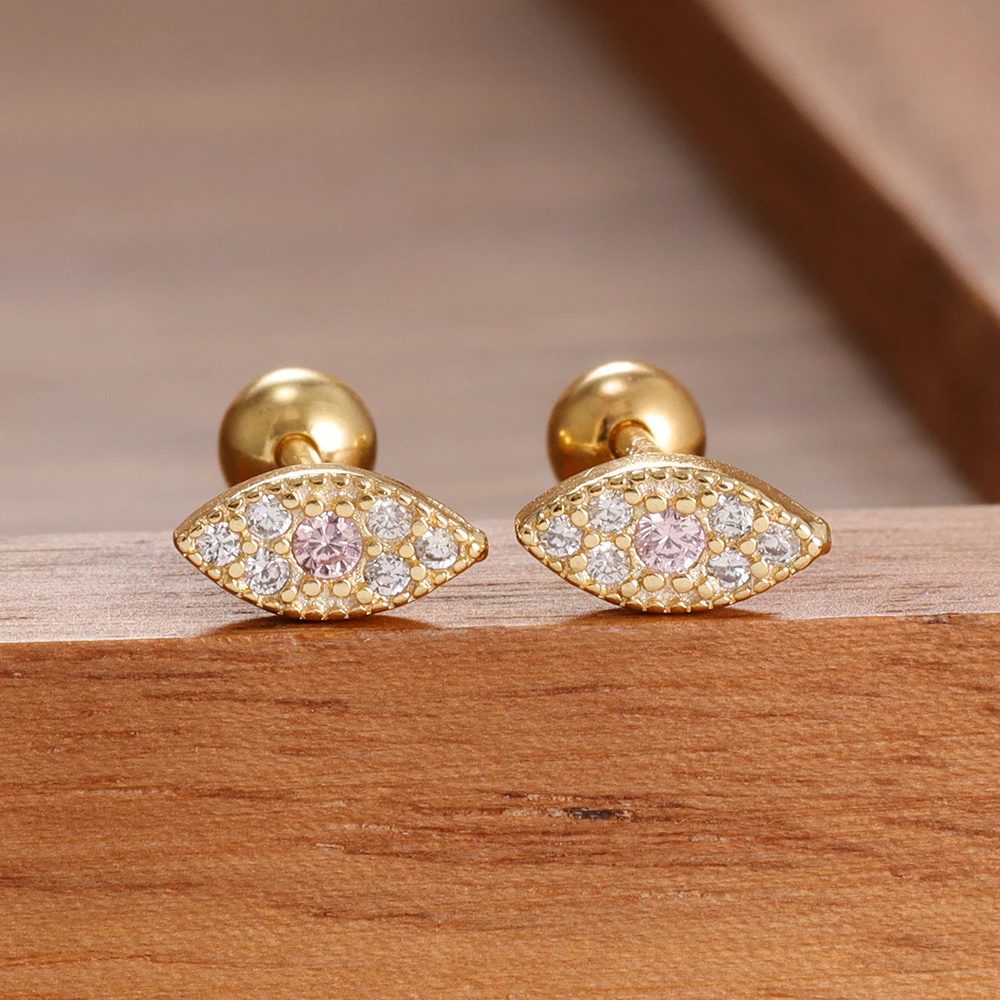 2PCS Fashion Zircon Multicolor Devil's Eye Stud Earrings Screw Beads For Women 14K Gold Plated Simple Cartilage Piercing Jewelry