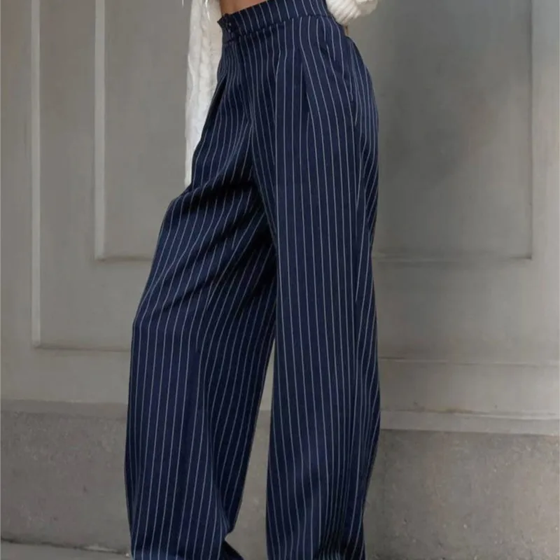 

Spring New High Waisted Striped Pocket Leg Wide Leg Pants Autumn Fashionable Casual Loose Pants For Women's Clothing