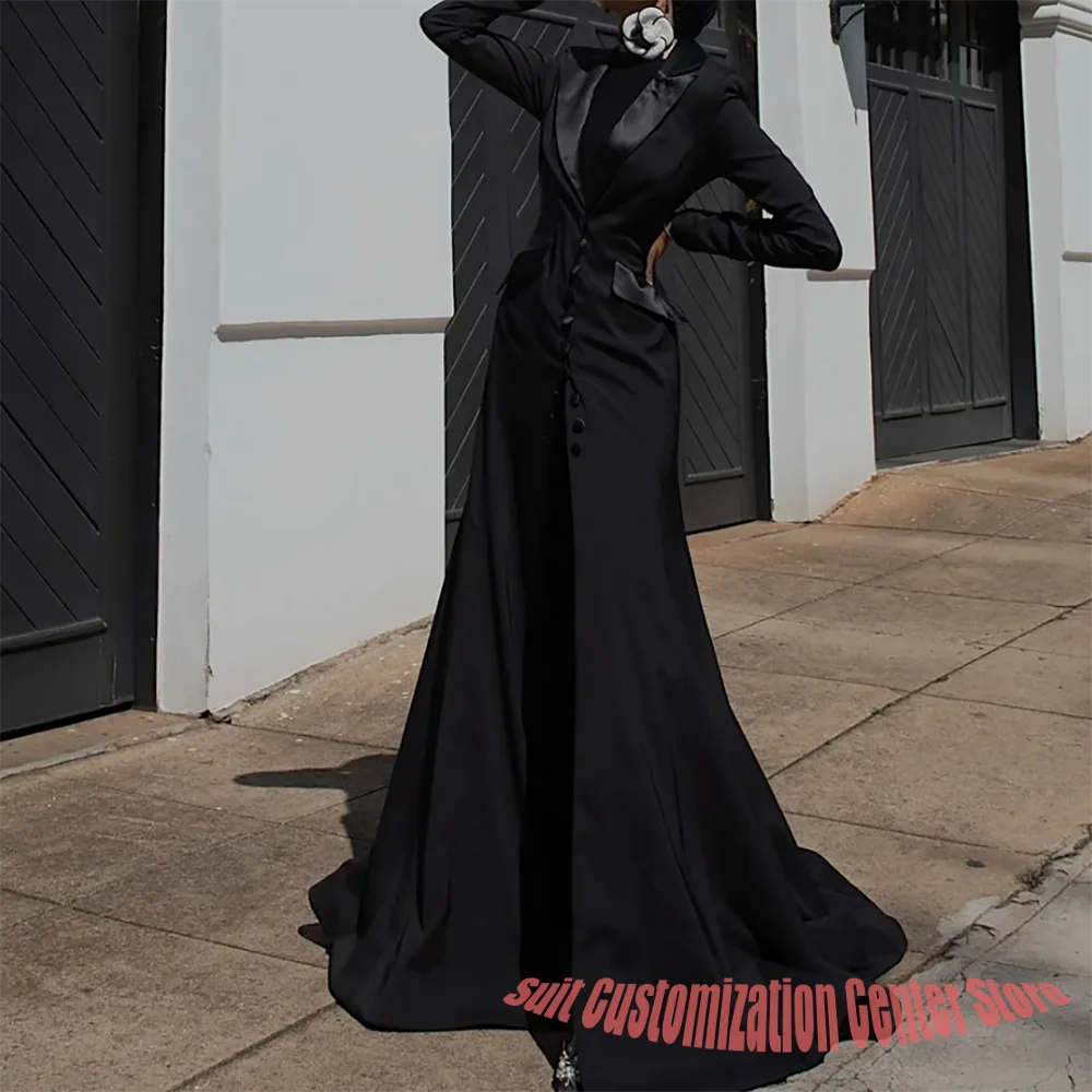 Customized Black Mermaid Evening Long Coat Floor-length Notch Lapel Prom Gown Fashion Button Simple Draped Party Outfit