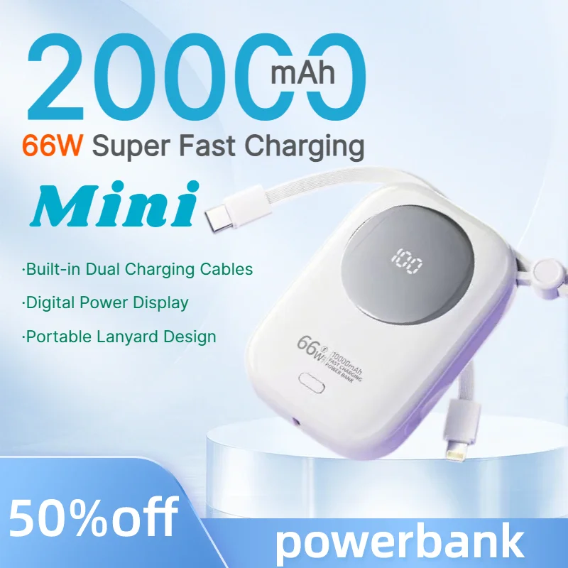 Mini PowerBank 20000mAh 10000mAh Power Bank 66W Fast Charging Built-in Dual Cables Portable External Battery for iPhone Android