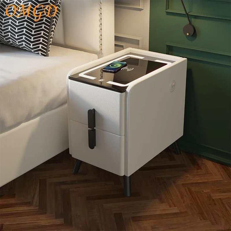 Omgd Upholstered Smart Nightstand Modern Minimalist Narrow Bedside Cabinet With Lights Wireless Charging Tri-colour Lights