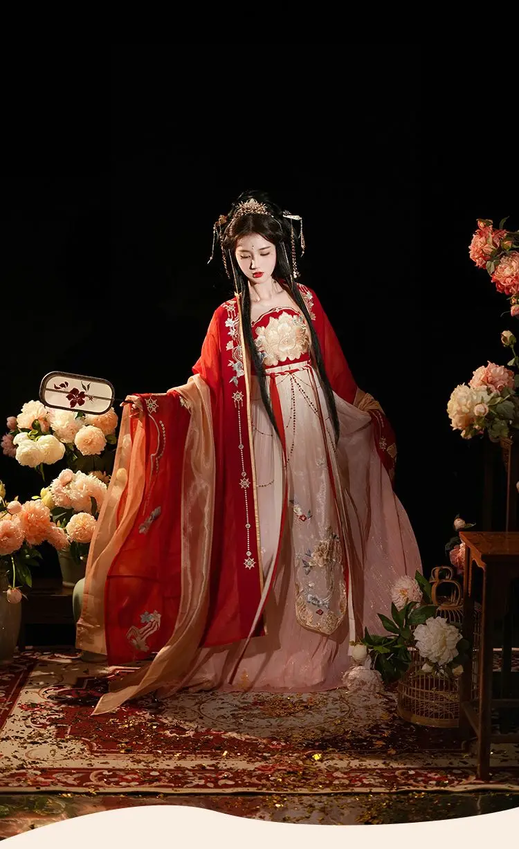 Hanfu weiblicher Tang-Stil und Brust rock kleid besticktes Großarmhemd roter Tang-Dynastie Herbst anzug im chinesischen Stil