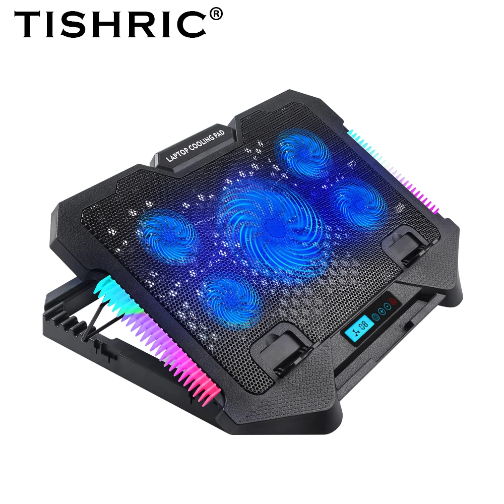 

TISHRIC S500 (RGB) Подставка для ноутбука 2 USB-порта 5 вентиляторов Охлаждение ноутбука для ноутбуков ПК Планшеты Охлаждающая подставка со светодиодным дисплеем 12-18 дюймов