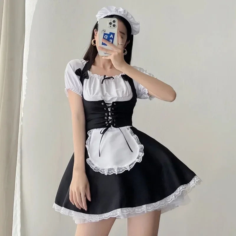 

Women's Maid Outfit Lolita Cosplay Cute Sexy Erotic Kawaii Cafe Costume Cosplay Black White Uniform Apron Dress Cute Bowknot