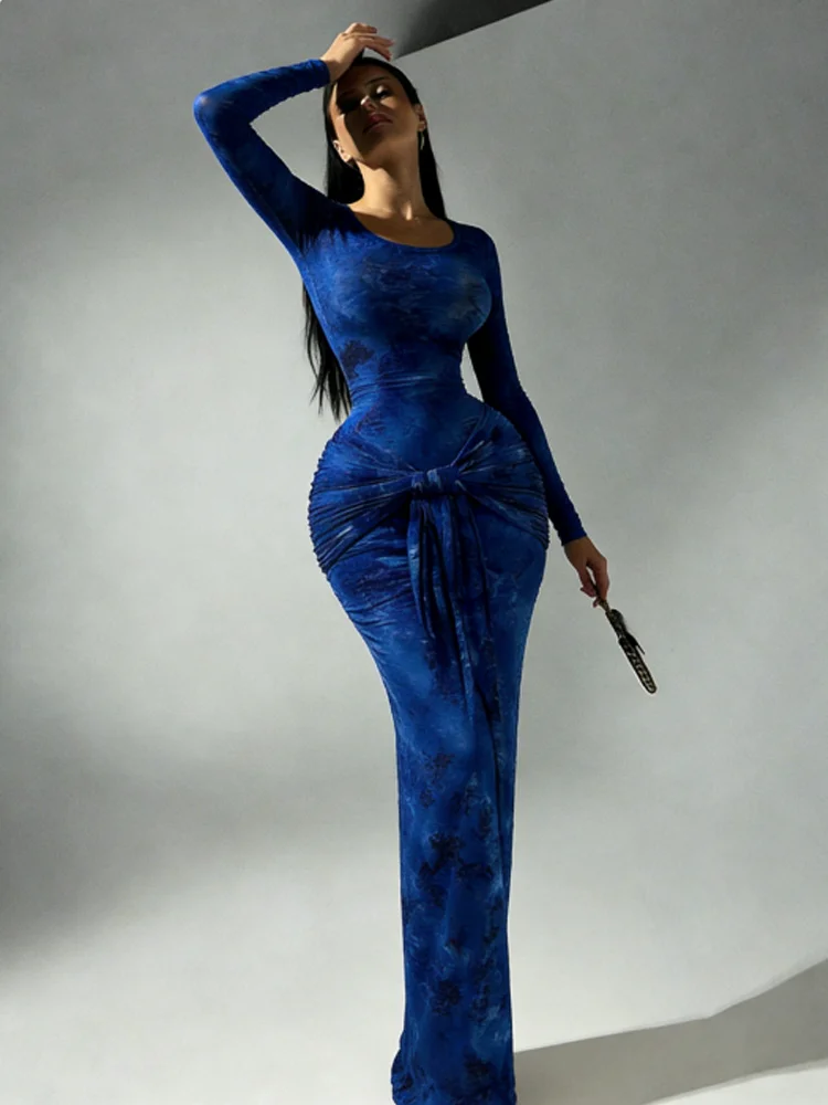 

Whatiwear Fashion Tie-Dye Print Maxi Dress Women o-Neck Full Sleeve Bandage Tassel Skinny Elegant Banquet Stretch Party Vestidos