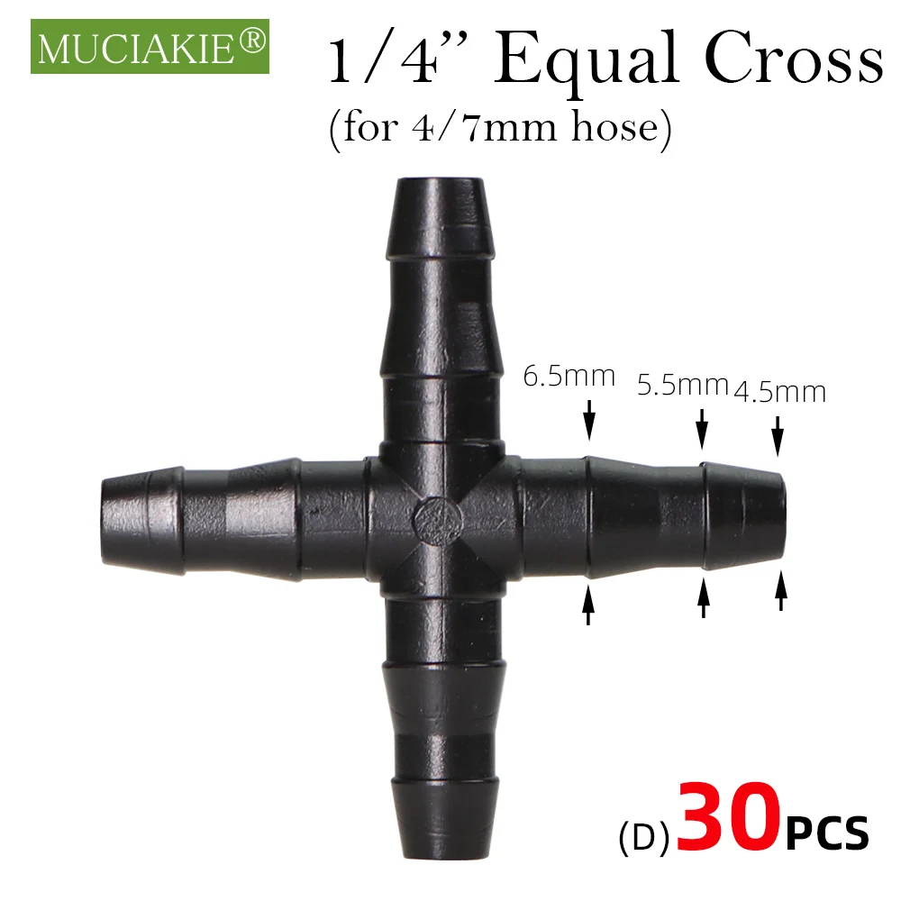 30PCS 1/4\'\' Micro Hose Water Connector Garden Drip Irrigation Coupling Adapters 4/7mm Barb Tee Equal Cross Elbow End Plug Joints