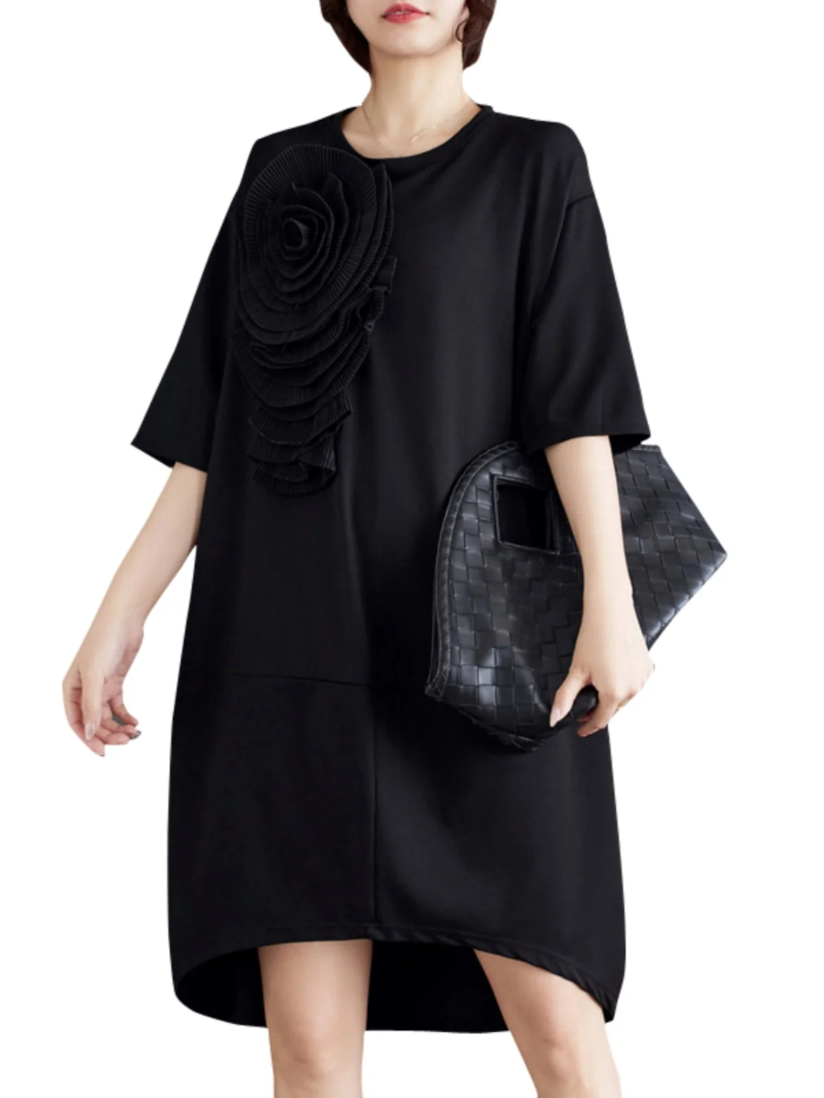 Ele femme ample Midi Dr Floral plissé ort Sve t-shirt jupe Vintage Sle été trajet pièce unique