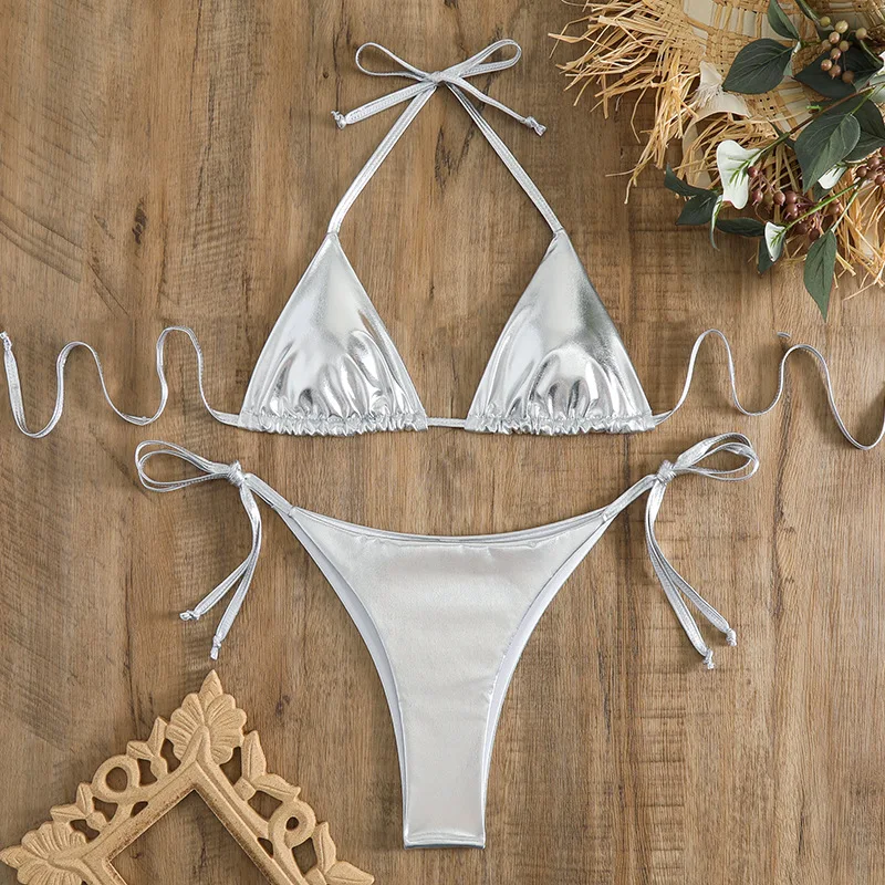 Sexy Gold Brozing Mini Bikini Women Silver Push Up Holiday Swimsuit 2026 Brazilian Beach Bathing Suit Tie Side Triangle Swimwear view 3