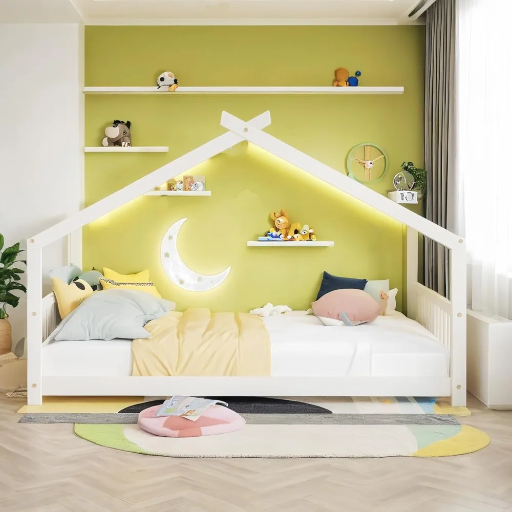 

Full House Beds White Montessori Bed Wood Frame Kids Floor Bed with Headboard & Footboard for Children Boys Girls Teens