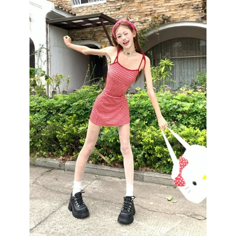 Vacation Style Camisole Dress for Women's Versatile Summer Mid Length Skirt Design with a Red Checkered Backless A-line Skirt