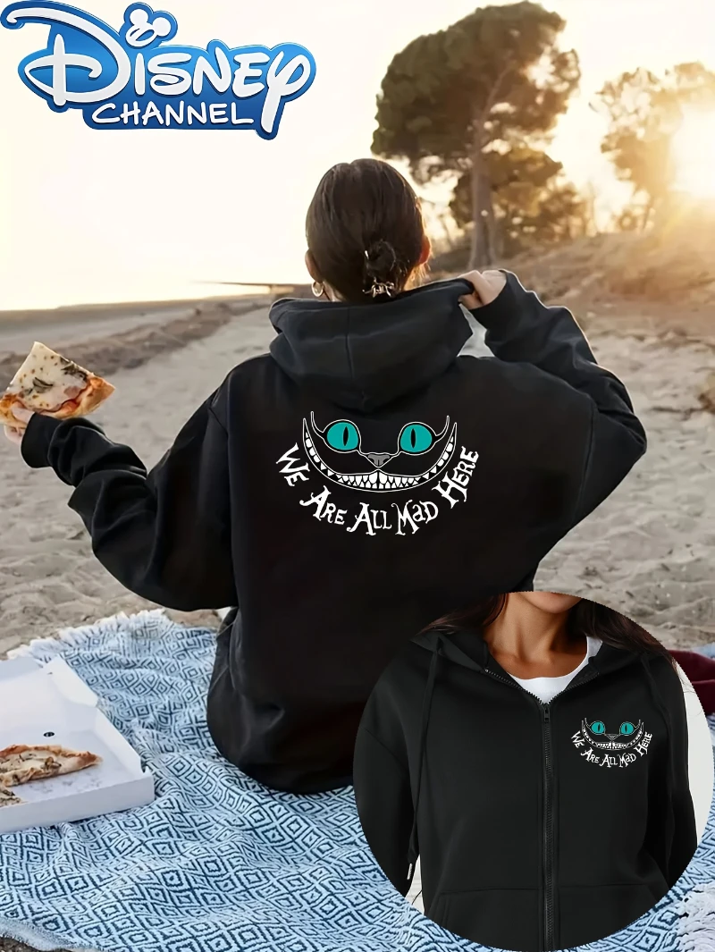 Disney autoriza el gato de Cheshire, las aventuras de Alicia en el país de las Maravillas, sudadera con capucha y cremallera para mujer, jersey informal de invierno