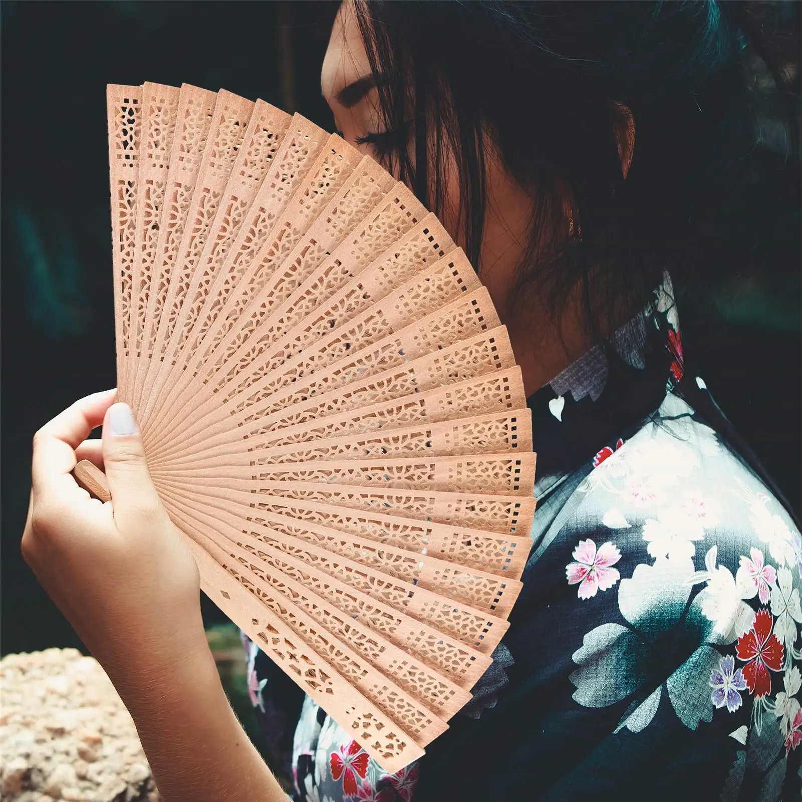 Fan Sandalwood Fan Handle Hand Fan Handmade Hand-held Hand Held Flower Fans Photo Prop Tool Hollow Dance Hand Fans Folding Fans